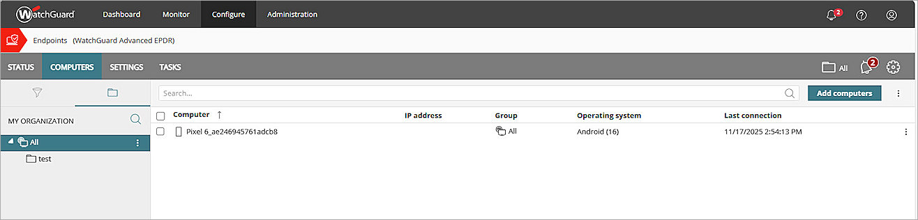 Screenshot of mobile device in Endpoint Security management UI